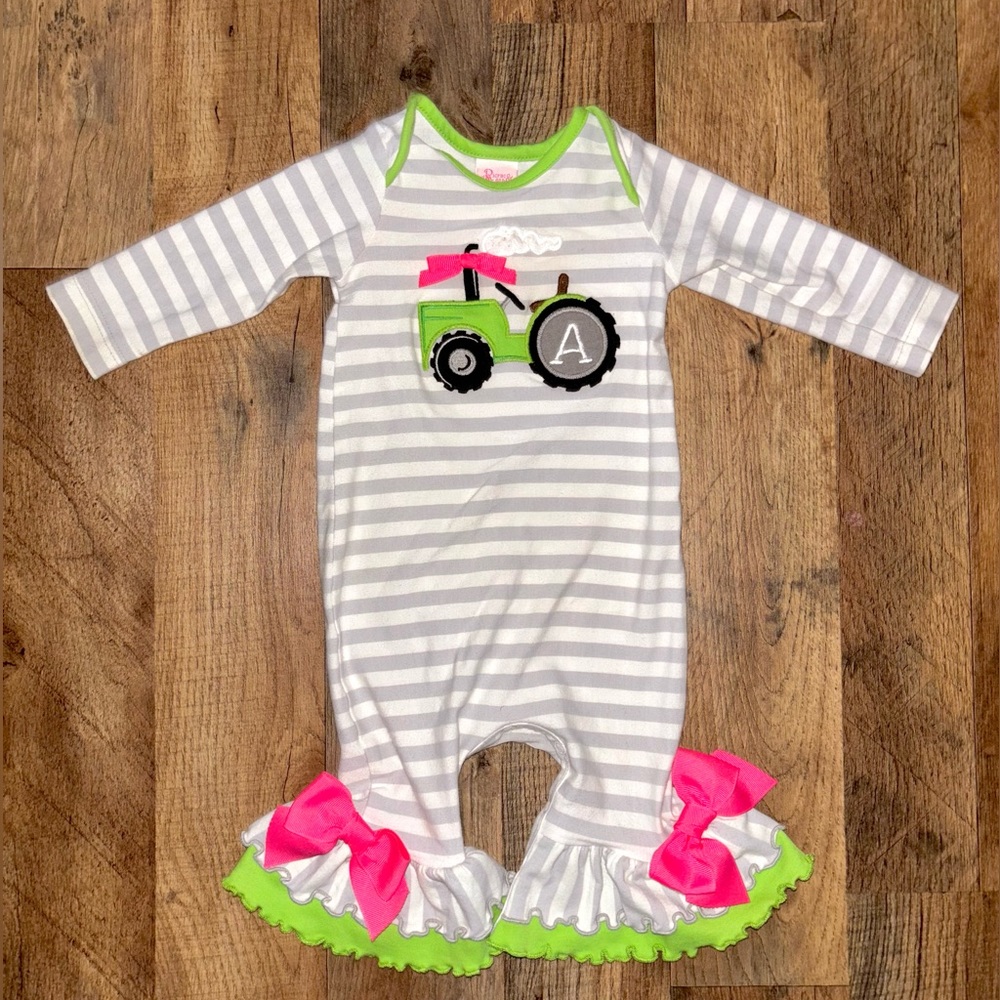 RicRac Tractor Romper with Monogram “A” - Size 3/6 mo.